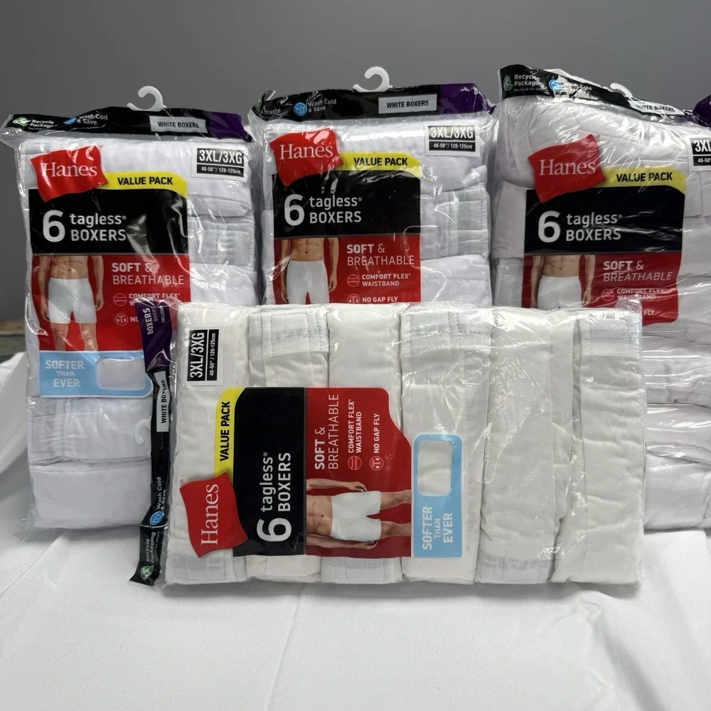 3 Hanes 6 Pk White Tagless Mens Woven Boxers Soft Breathable White 3XL 48-50 New